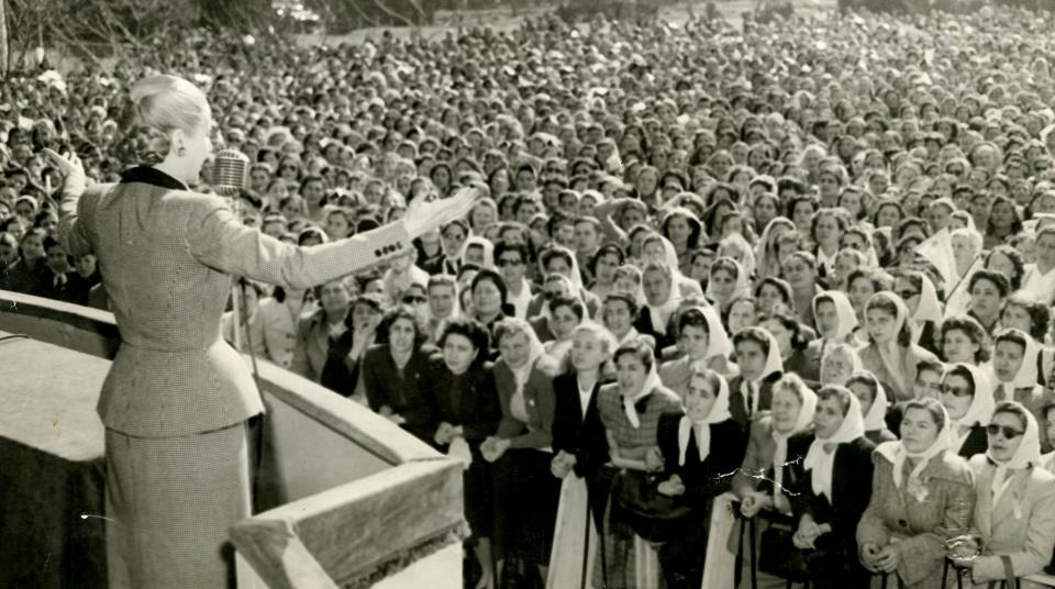 Black and white photo of Evita addressing a crowd